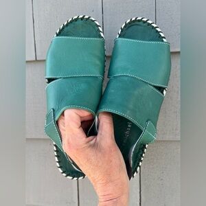 Eric Michael Teal Leather Slide Sandals with Braided Sole Trim